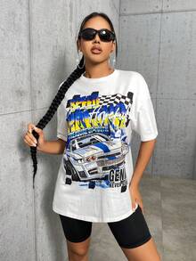 SHEIN SXY Áo thun nữ Lá thư Ô tô/xe hơi Giải trí - trắng - Xem 3