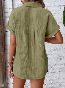SHEIN LUNE 蝙蝠袖口袋貼布襯衫 - 軍綠色 - 查看 3