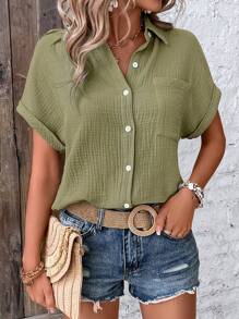 SHEIN LUNE 蝙蝠袖口袋貼布襯衫 - 軍綠色 - 查看 6