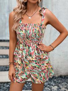 SHEIN VCAY Bộ đồ hai mảnh nữ viền lá sen Thắt nút Viên lá sen Dải chun Tất cả trên in Boho - Nhiều màu - Xem 1