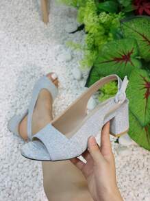 Xăng đan quai hậu có gót chunky tối giản dành cho nữ, Xăng đan cao gót bằng vải canvas thời trang mùa hè - Màu xanh nhạt - Xem 1