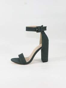 黑色高跟鞋，时尚交叉带设计，银色撞色，舒适粗跟凉鞋，适合派对、度假、新夏季系列 - 黑色 - 查看 3