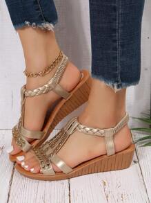 Women Metallic Braided Detail Rhinestone Decor Sandals, Glamorous Gold Wedge Sandals - Gold - View 1