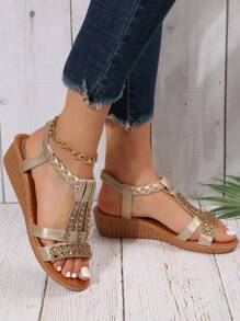 Women Metallic Braided Detail Rhinestone Decor Sandals, Glamorous Gold Wedge Sandals - Gold - View 2
