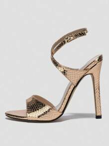 女士闪亮漆皮透明带交叉扣露趾细高跟凉鞋，魅力十足，时尚派对、舞会、性感黑色高跟鞋 - 玫瑰金 - 查看 5