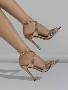 女士闪亮漆皮透明带交叉扣露趾细高跟凉鞋，魅力十足，时尚派对、舞会、性感黑色高跟鞋 - 玫瑰金 - 查看 8