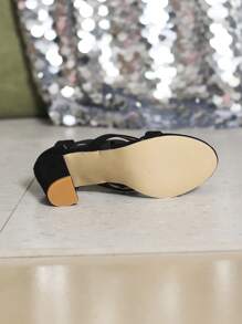 女士交叉踝帶涼鞋仿麂皮後拉鍊粗跟優雅高跟涼鞋黑色