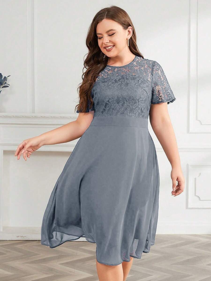 Đầm Plus Size Tương phản ren Dây kéo màu trơn Thanh lịch - Xám - Xem 1