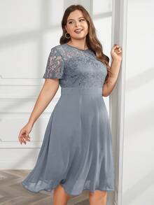 Đầm Plus Size Tương phản ren Dây kéo màu trơn Thanh lịch - Xám - Xem 3