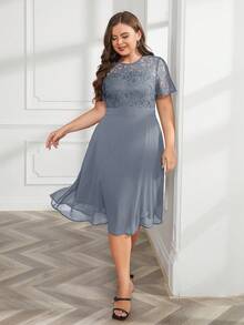 Đầm Plus Size Tương phản ren Dây kéo màu trơn Thanh lịch - Xám - Xem 4