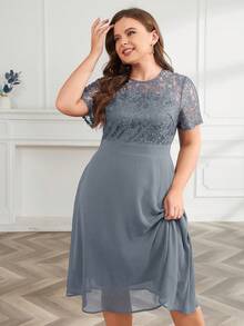 Đầm Plus Size Tương phản ren Dây kéo màu trơn Thanh lịch - Xám - Xem 7