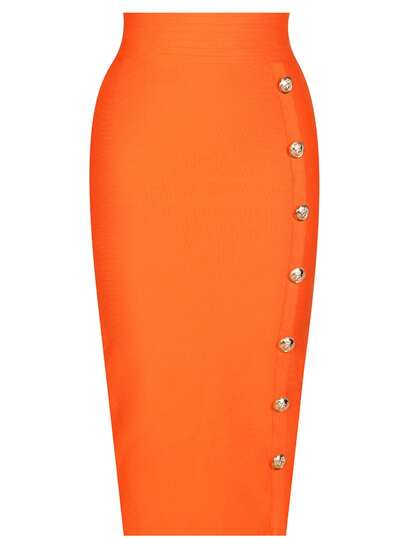  Girsdy Orange Elegant Business Casual Women's Single-Breasted Design Solid Color Button Decor Slimming High Waist Elastic Bodycon Pencil Skirt, Commuting & Everyday Wear, Mid-Length
