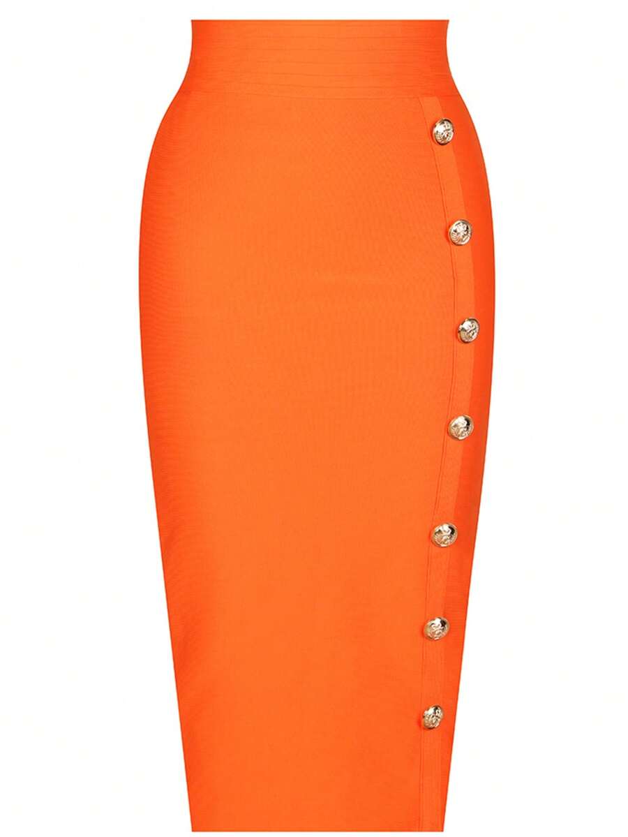 Girsdy Orange Elegant Business Casual Women's Single-Breasted Design Solid Color Button Decor Slimming High Waist Elastic Bodycon Pencil Skirt, Commuting & Everyday Wear, Mid-Length Spring - Orange - View 1