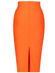 Girsdy Orange Elegant Business Casual Women's Single-Breasted Design Solid Color Button Decor Slimming High Waist Elastic Bodycon Pencil Skirt, Commuting & Everyday Wear, Mid-Length Spring - Orange - View 2