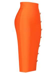 Girsdy Orange Elegant Business Casual Women's Single-Breasted Design Solid Color Button Decor Slimming High Waist Elastic Bodycon Pencil Skirt, Commuting & Everyday Wear, Mid-Length Spring - Orange - View 3