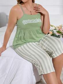 Plus Letter Graphic Cami Top & Striped Trousers PJ Set - Green - View 3