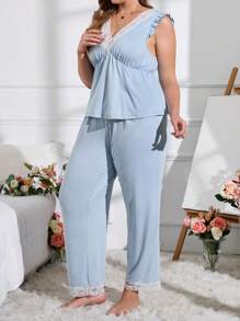 Plus Contrast Lace Ruffle Trim PJ Set - Baby Blue - View 5