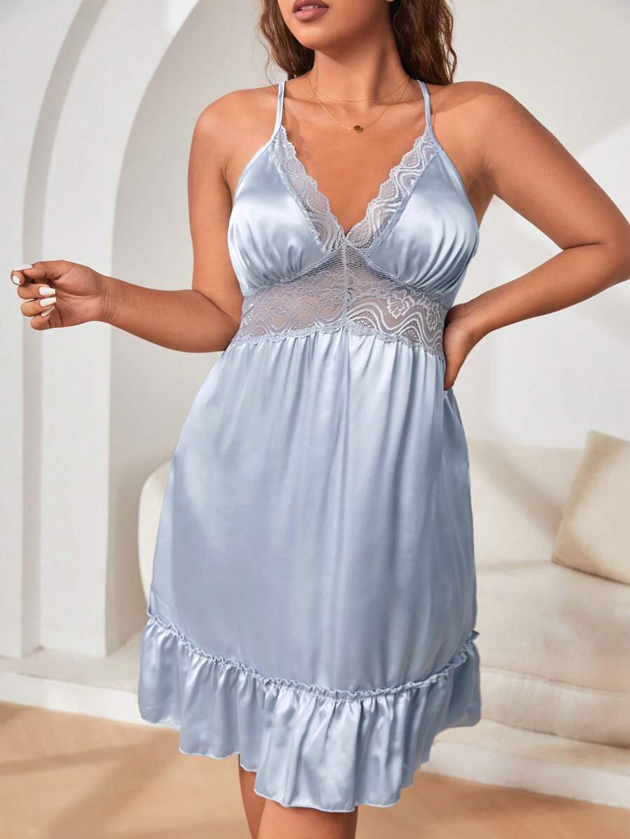 大碼蕾絲拼接荷葉邊緞面吊帶睡裙 - 淺灰色 - 查看 1