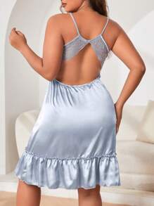 大碼蕾絲拼接荷葉邊緞面吊帶睡裙 - 淺灰色 - 查看 2