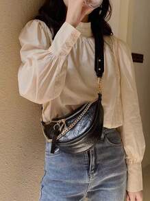 前拉鏈斜挎包PU皮革黑色時尚