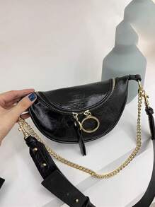 前拉鏈斜挎包PU皮革黑色時尚