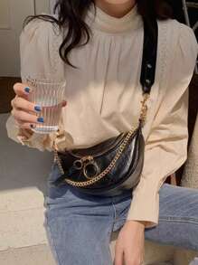 前拉鏈斜挎包PU皮革黑色時尚