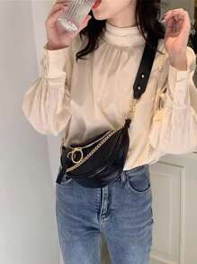 前拉鏈斜挎包PU皮革黑色時尚