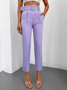 RueChic High Waist Slant Pocket Belted Suit Trousers - Violet Purple - View 1