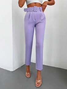 RueChic High Waist Slant Pocket Belted Suit Trousers - Violet Purple - View 3