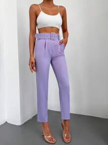 RueChic High Waist Slant Pocket Belted Suit Trousers - Violet Purple - View 4