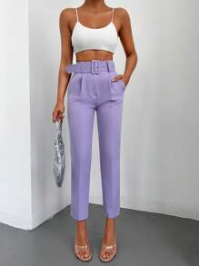 RueChic High Waist Slant Pocket Belted Suit Trousers - Violet Purple - View 5