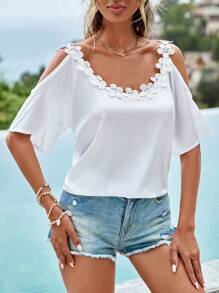RueChic Appliques Cold Shoulder Blouse - White - View 2