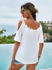 RueChic Appliques Cold Shoulder Blouse - White - View 6