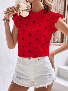 SHEIN Frenchy Heart Print Ruffle Trim Mock Neck Blouse Summer Red - Red - View 1