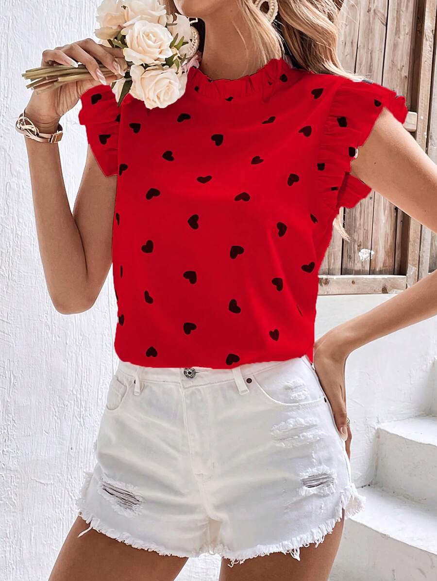SHEIN Frenchy Heart Print Ruffle Trim Mock Neck Blouse Summer Red - Red - View 1
