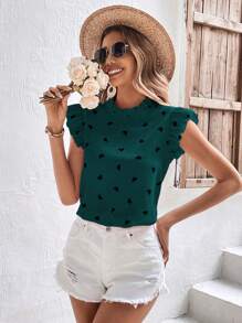 SHEIN Frenchy 愛心圖案荷葉邊小高領襯衫 - 墨綠色 - 查看 4