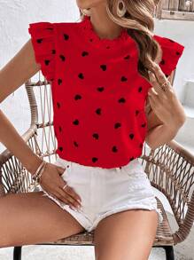 SHEIN Frenchy Heart Print Ruffle Trim Mock Neck Blouse Summer Red - Red - View 5