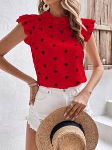 SHEIN Frenchy Heart Print Ruffle Trim Mock Neck Blouse Summer Red - Red - View 7