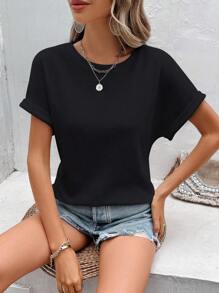 SHEIN Frenchy 素色蝙蝠袖弧形下擺T恤