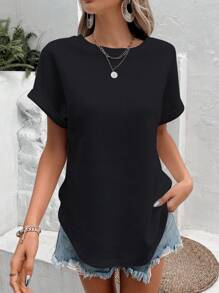 SHEIN Frenchy 素色蝙蝠袖弧形下擺T恤