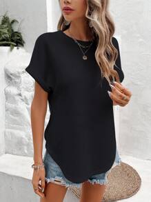 SHEIN Frenchy 素色蝙蝠袖弧形下擺T恤