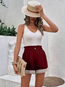 SHEIN Frenchy 紙袋腰鏤空蕾絲花邊短褲 - 紅色 - 查看 3