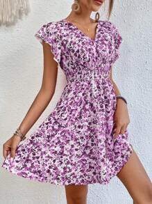 SHEIN Frenchy Đầm Xù Dải chun Hoa Tất cả trên in Boho - Màu tím - Xem 5