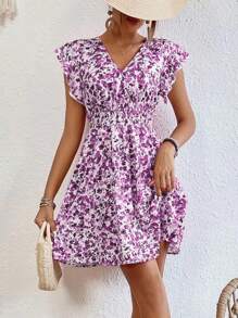 SHEIN Frenchy Đầm Xù Dải chun Hoa Tất cả trên in Boho - Màu tím - Xem 7
