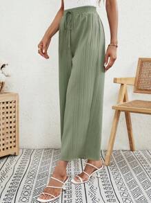 SHEIN LUNE 腰部打結闊腿褲 - 綠色 - 查看 4
