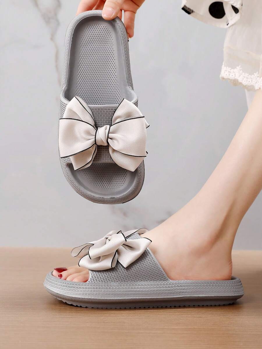 Women Bow Decor Single Band Slides, Fashion Summer Slides,Beach Outfits,Slippers Women - Grey - View 1