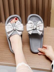 Women Bow Decor Single Band Slides, Fashion Summer Slides,Beach Outfits,Slippers Women - Grey - View 4