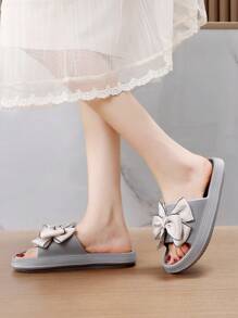 Women Bow Decor Single Band Slides, Fashion Summer Slides,Beach Outfits,Slippers Women - Grey - View 6