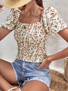 SHEIN Frenchy Ditsy Floral Print Square Neck Puff Sleeve Blouse Summer Flower - Beige - View 1