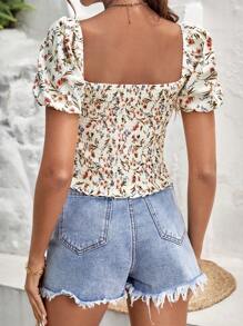 SHEIN Frenchy Ditsy Floral Print Square Neck Puff Sleeve Blouse Summer Flower - Beige - View 4
